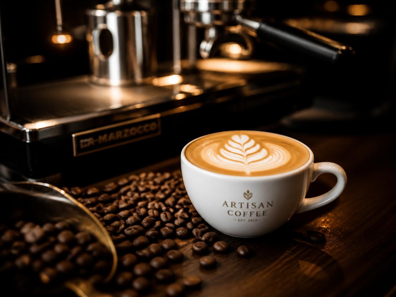 Freshly poured latte with latte art beside roasted coffee beans