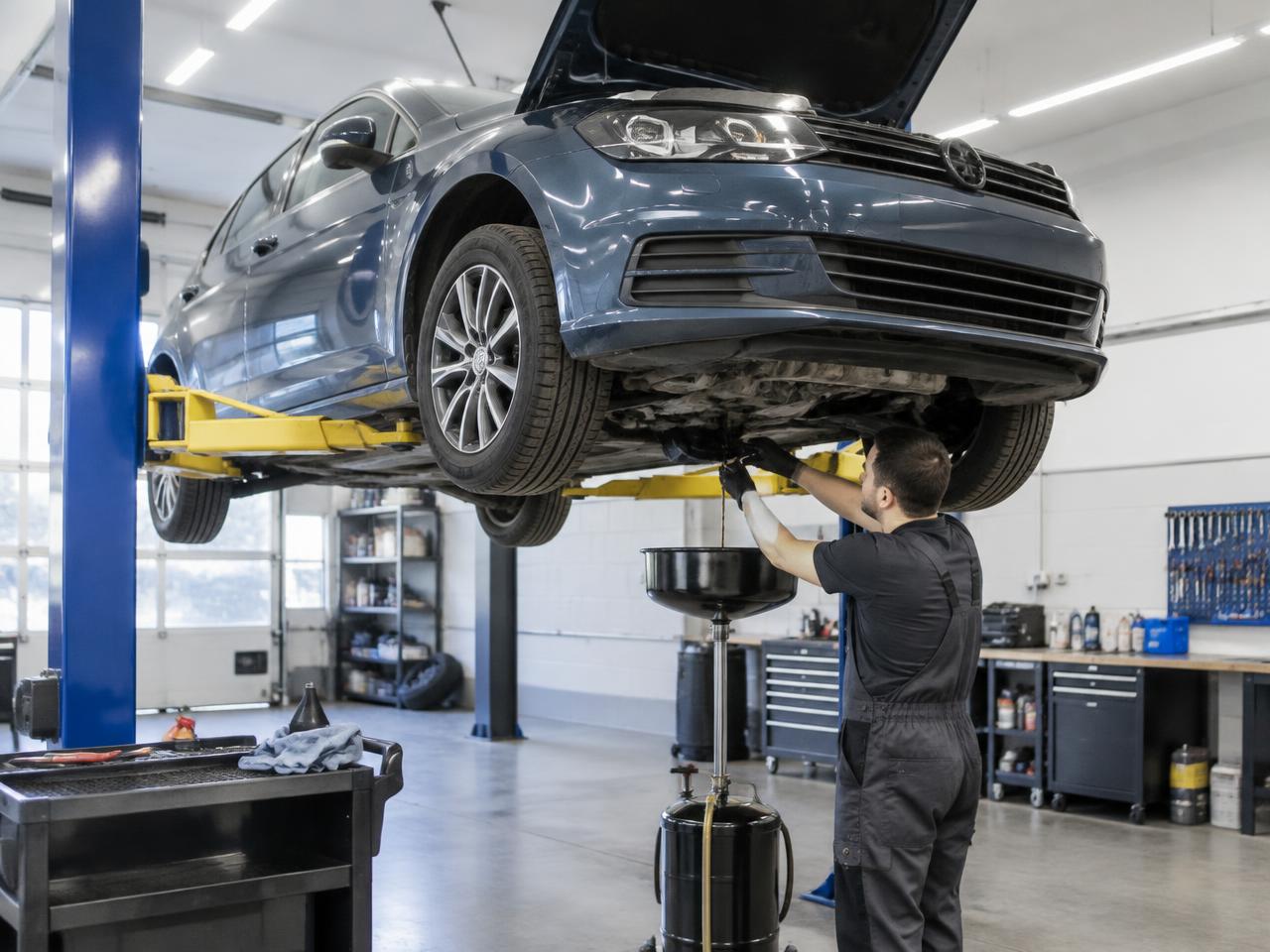 Technician carrying out a car service in the Jiomtys Auto Centres workshop, Southampton