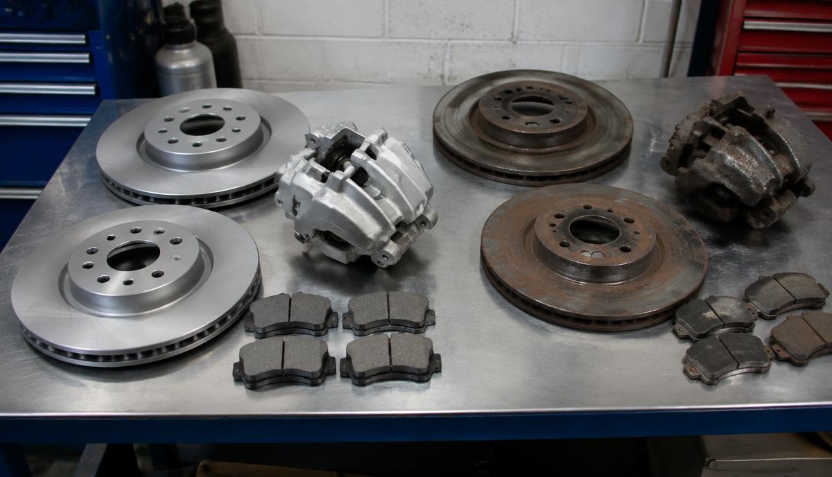 New brake discs, pads and caliper beside worn, rusted brake parts on a workshop bench